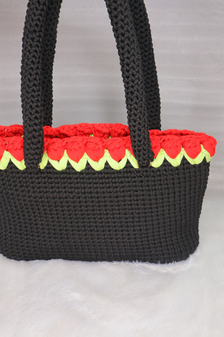 Black Crochet Tote With Red Tulips