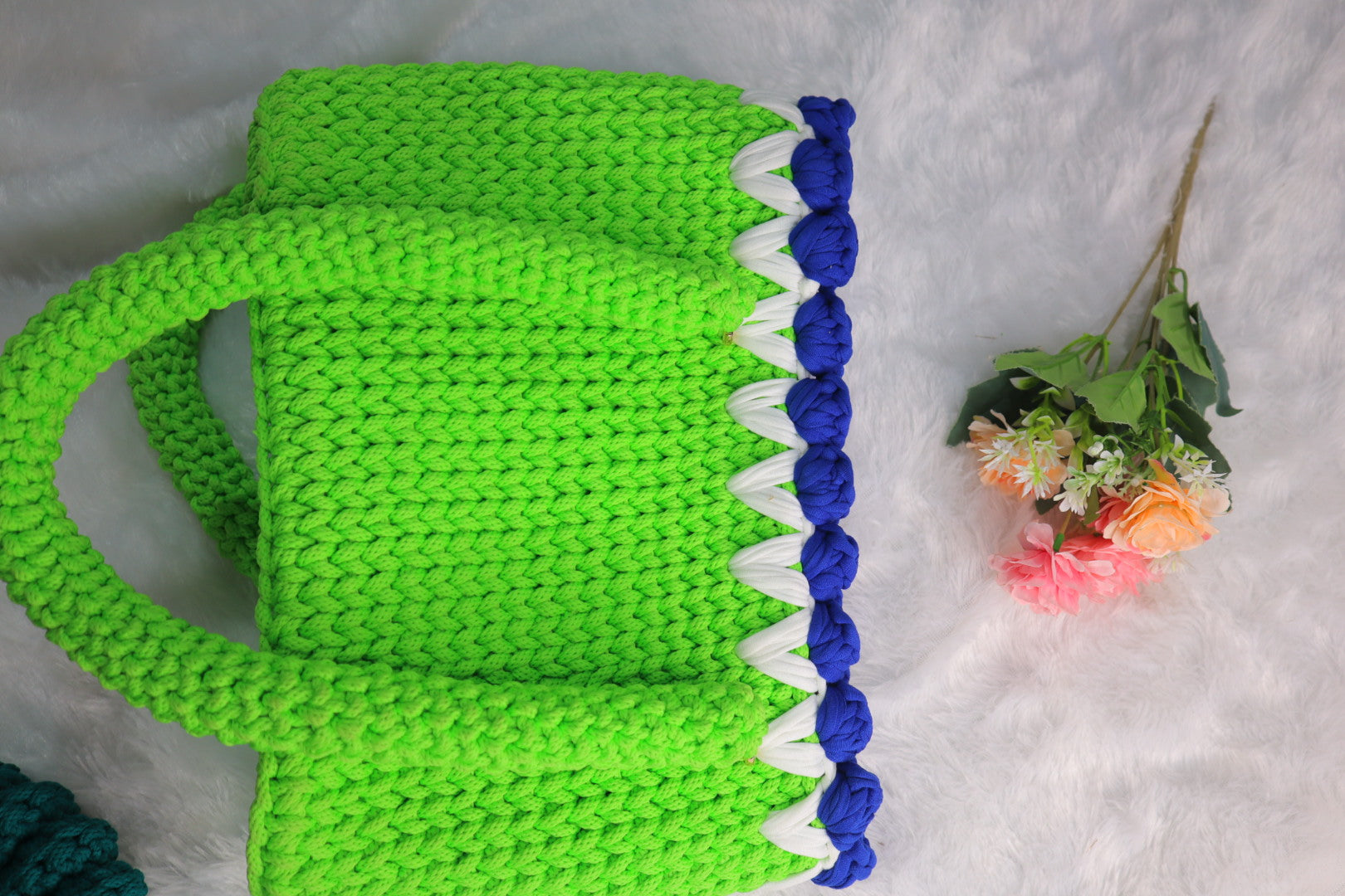 Lemon Crochet Tote With Blue Tulips