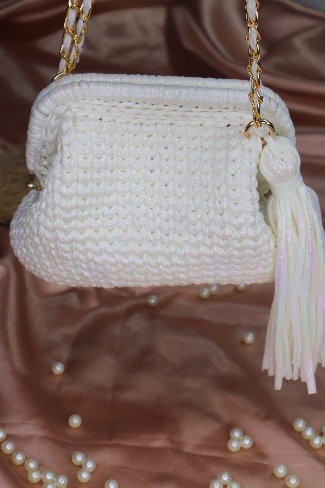 Shimmery White Crochet Clutch with Sling and Tassel