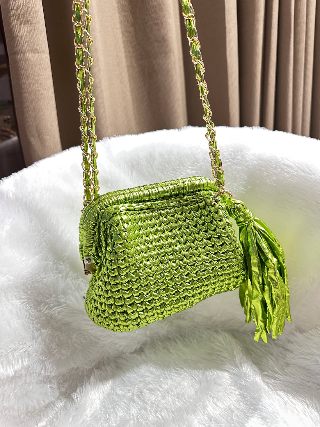 Lime Green Metallic Crochet Clutch with Sling and Tassel