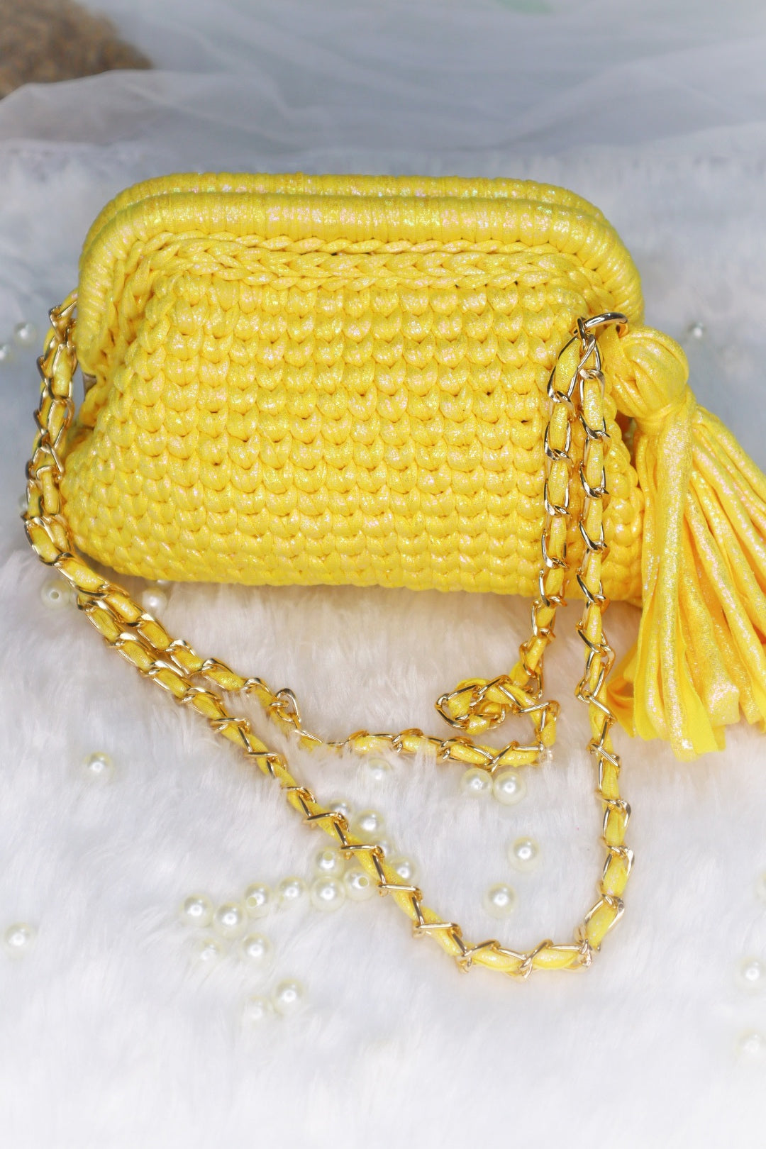 Shimmery Yellow Crochet Clutch with Sling and Tassel