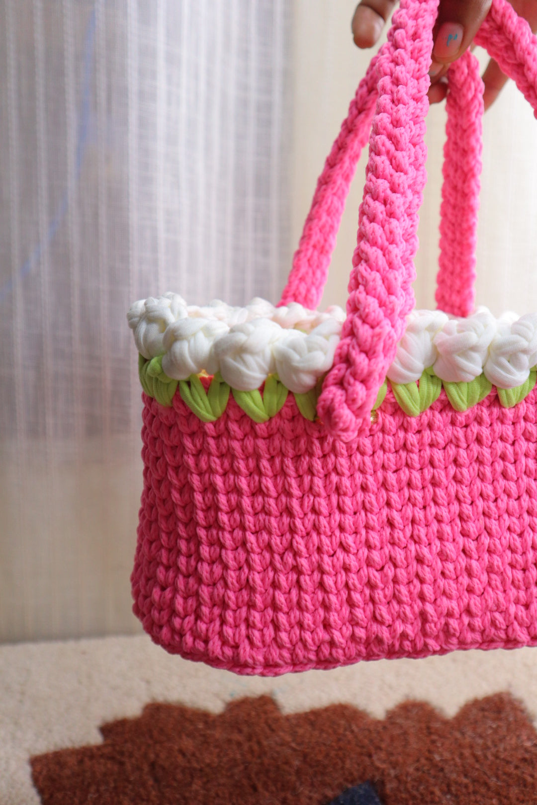 White Tulips on Pink Mini Crochet Bag
