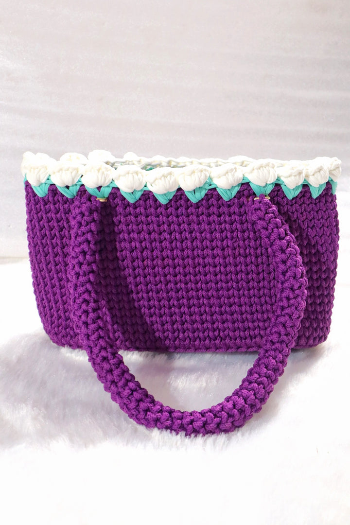 Purple Crochet Tote With White Tulips