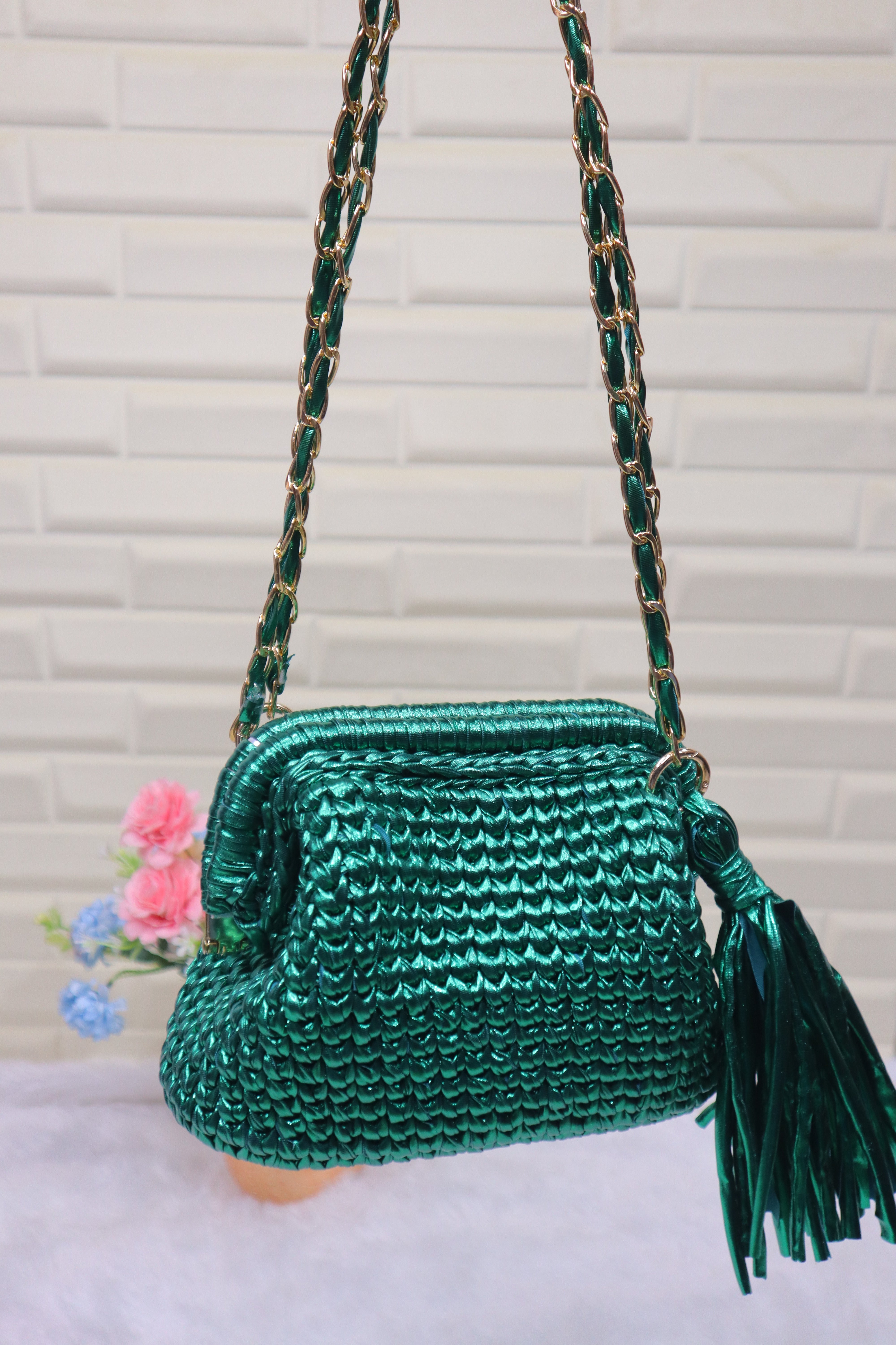 Metallic Green Luxe Crochet Clutch
