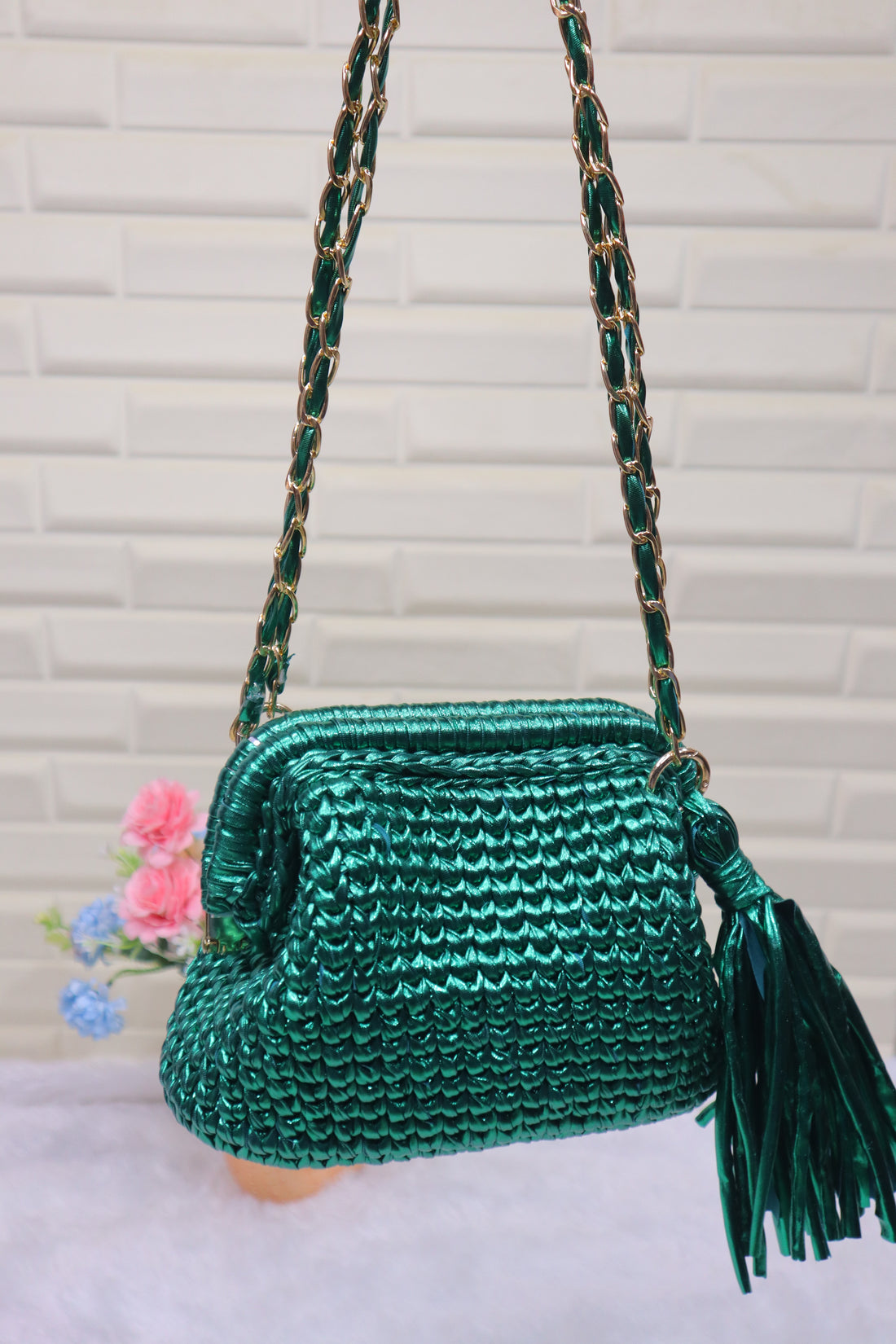 Metallic Green Luxe Crochet Clutch