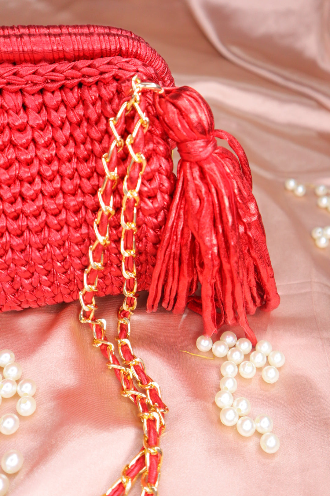 Metallic Red Crochet Clutch with Sling and Tassel