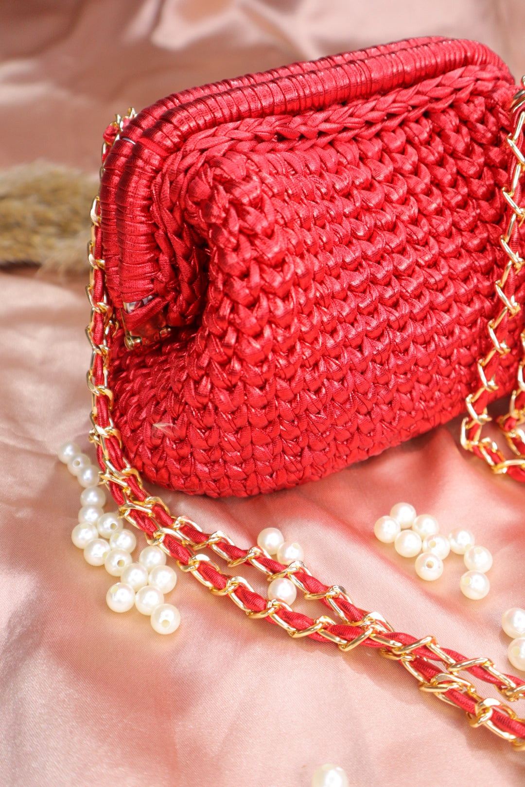 Metallic Red Crochet Clutch with Sling and Tassel