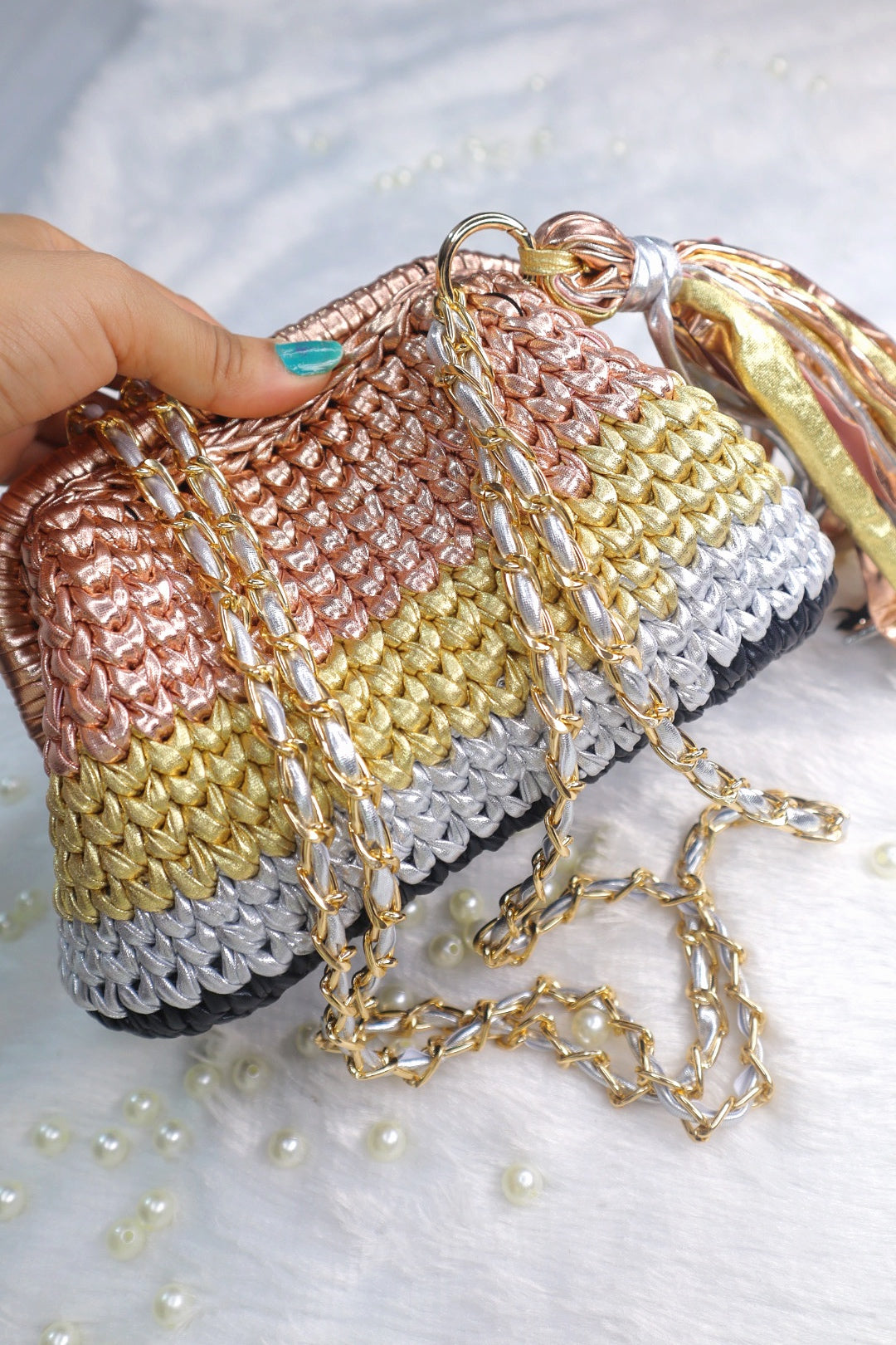 Multi Color Crochet Clutch with Sling and Tassel