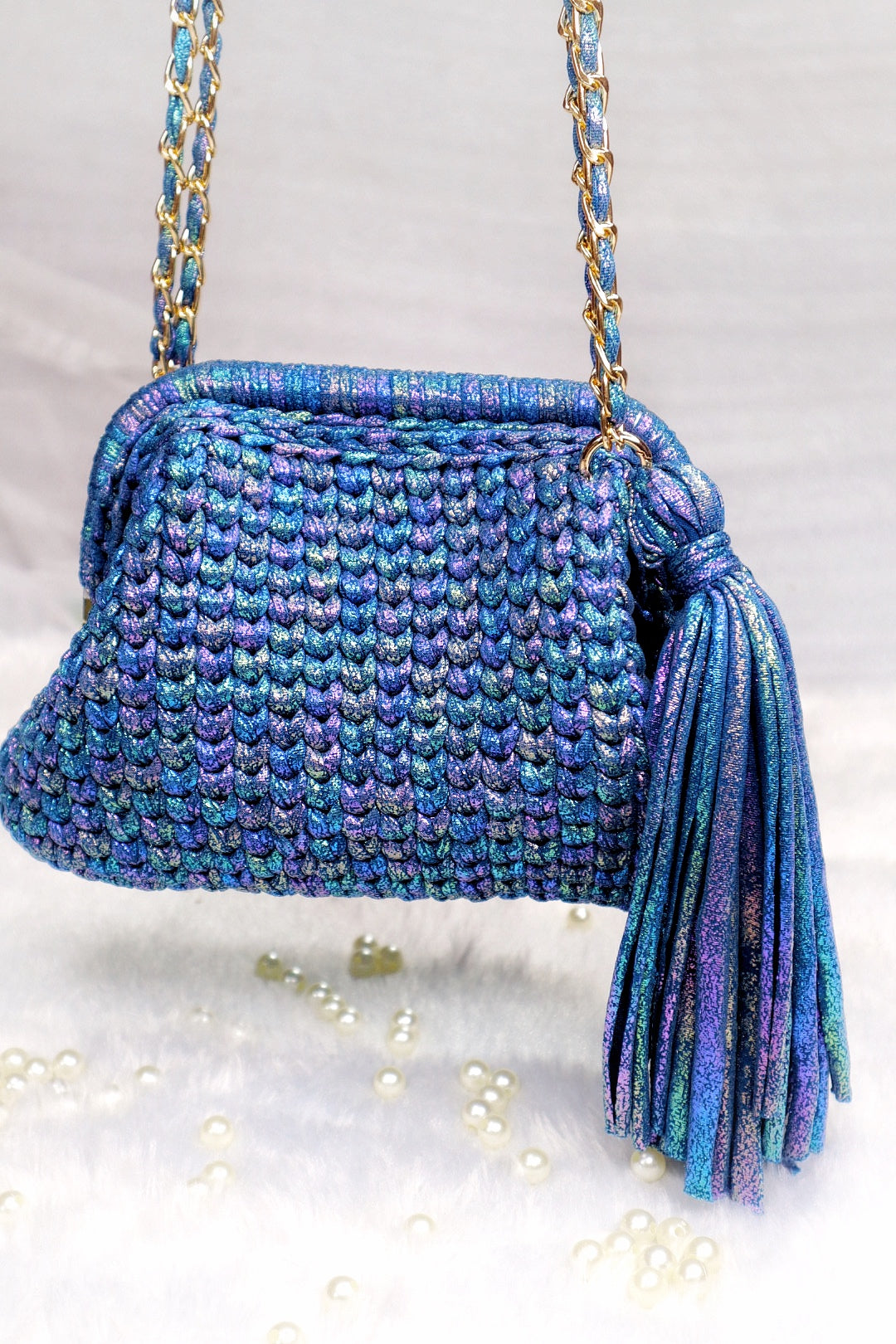 Shimmery Blue Crochet Clutch with Sling and Tassel