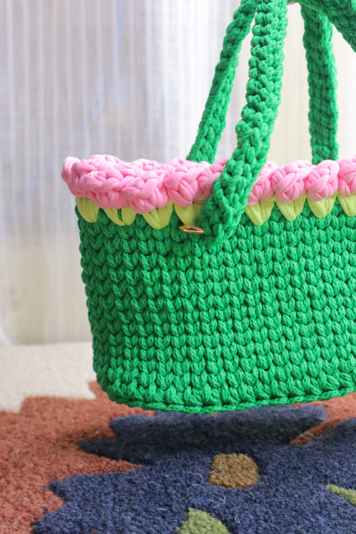 Pink Tulips on Green Mini Crochet Bag