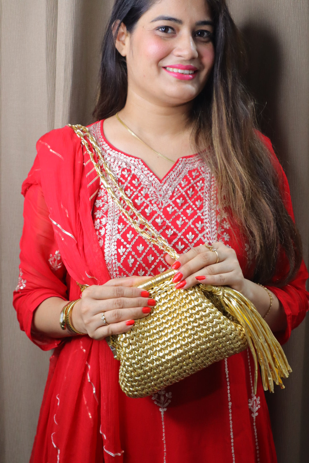 Golden Luxe Metallic Crochet Clutch with Sling and Tassel