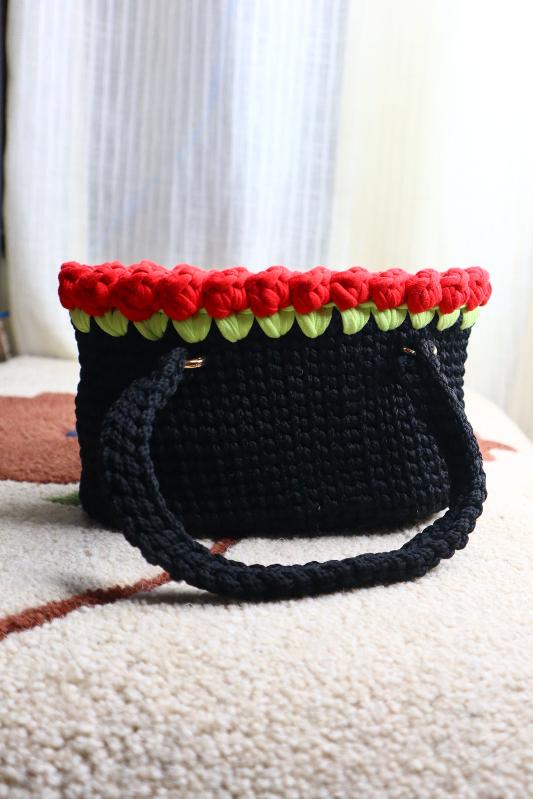 Red Tulips on Black Mini Crochet Bag