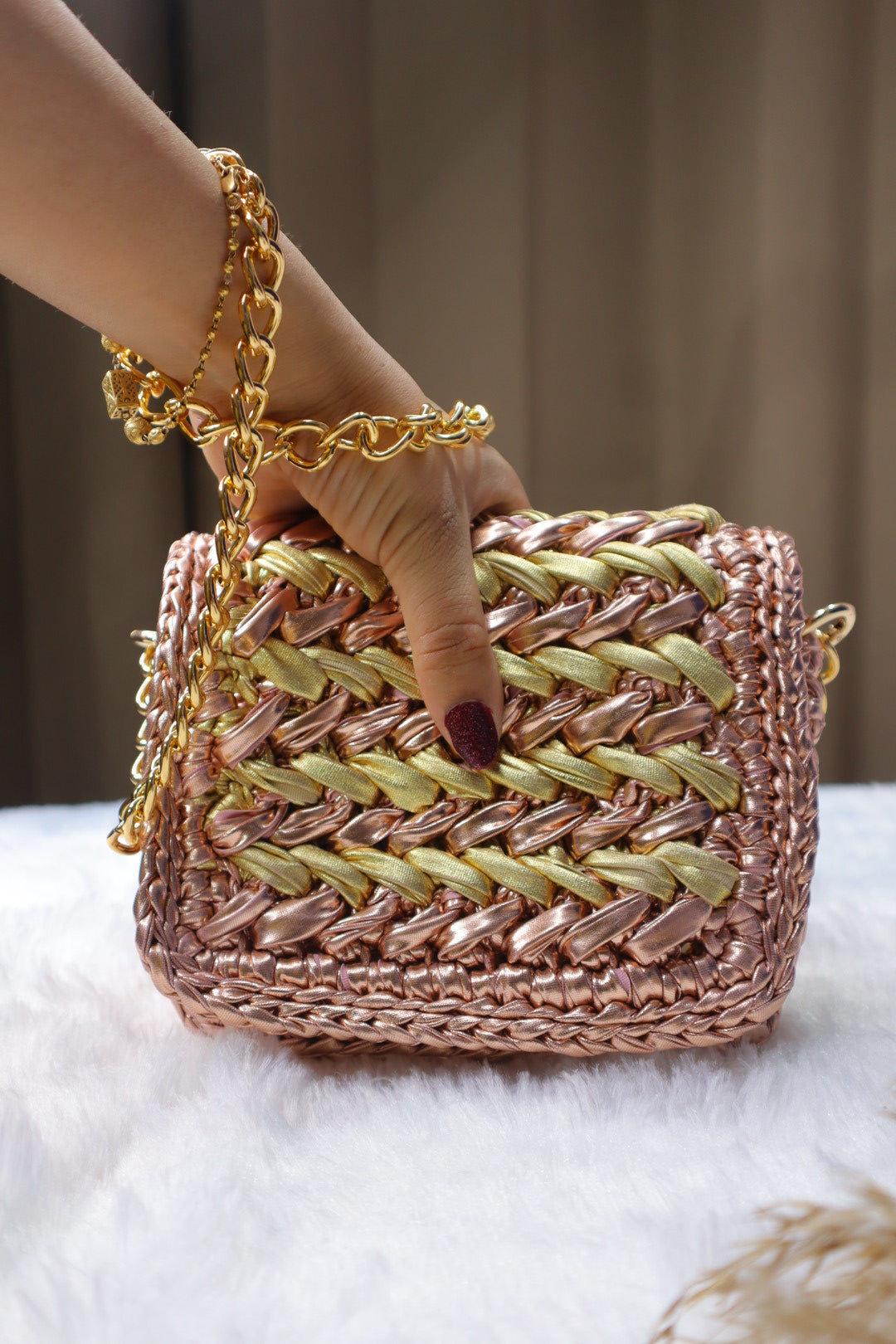 Waffle Rose Gold Champagne Gold Bag