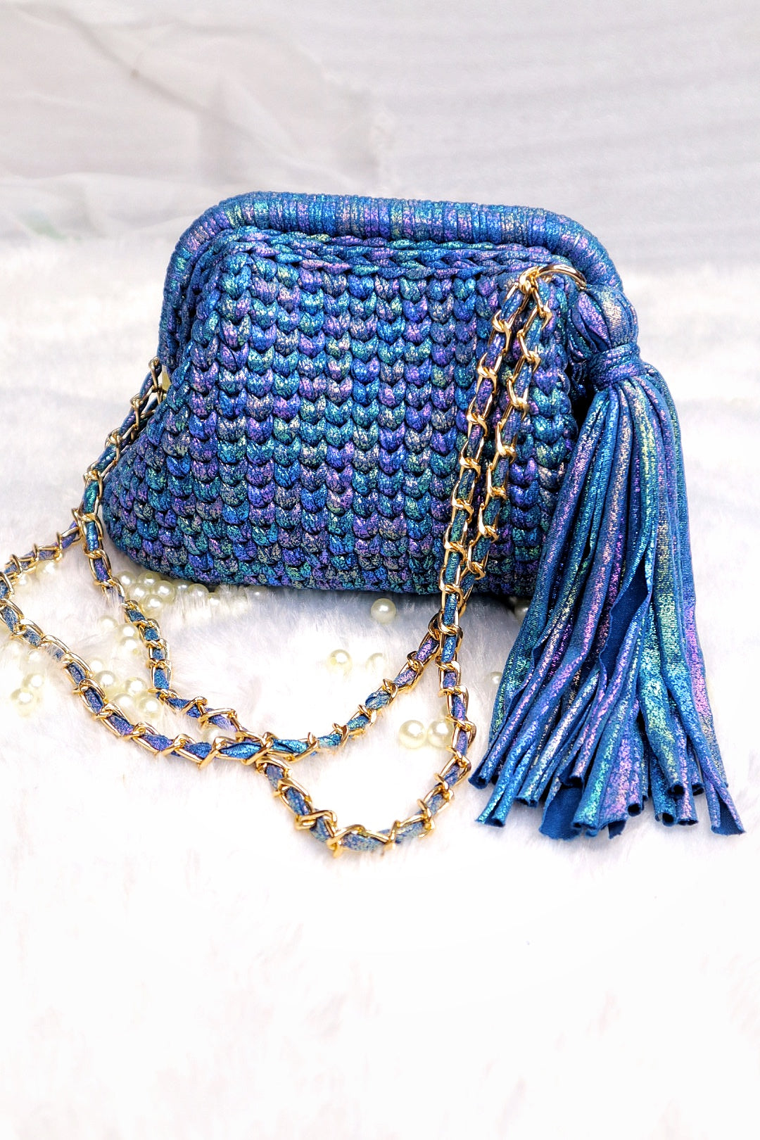 Shimmery Blue Crochet Clutch with Sling and Tassel