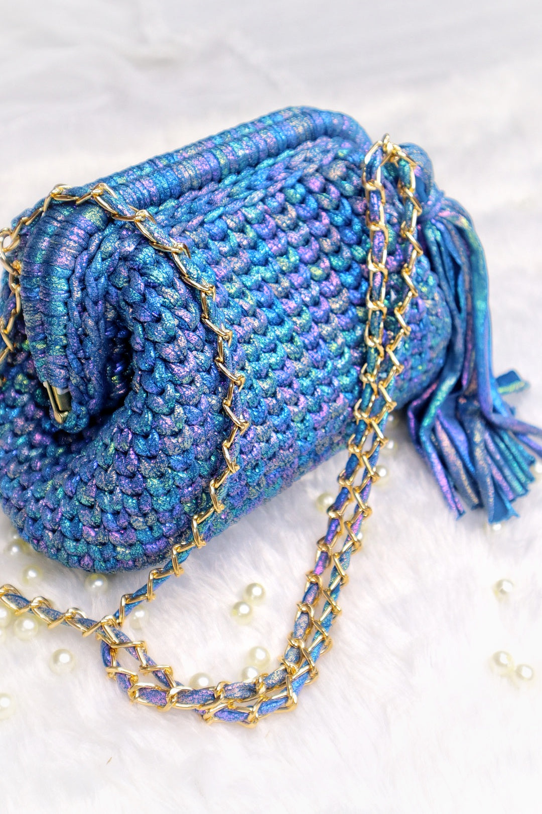 Shimmery Blue Crochet Clutch with Sling and Tassel