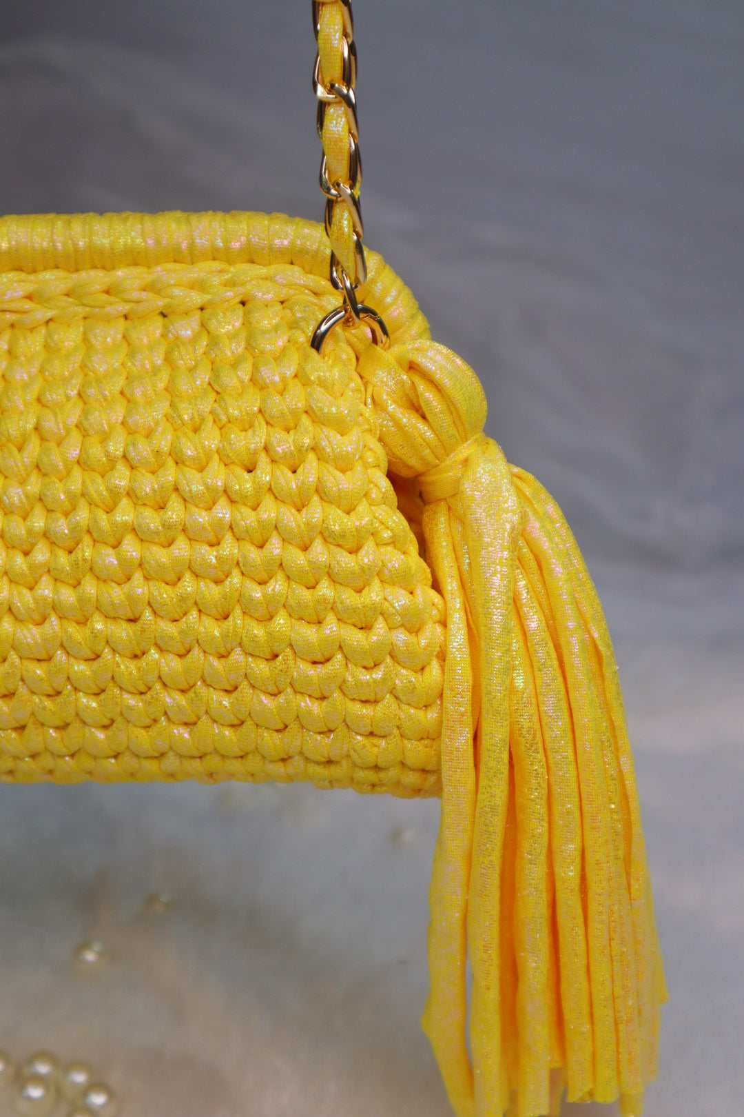 Shimmery Yellow Crochet Clutch with Sling and Tassel