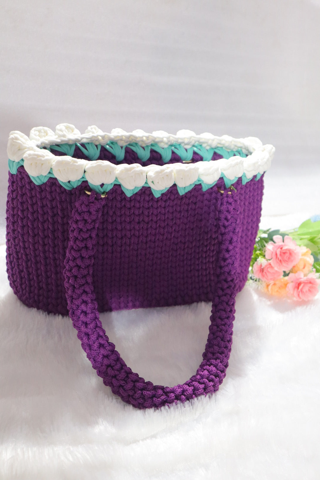 Purple Crochet Tote With White Tulips