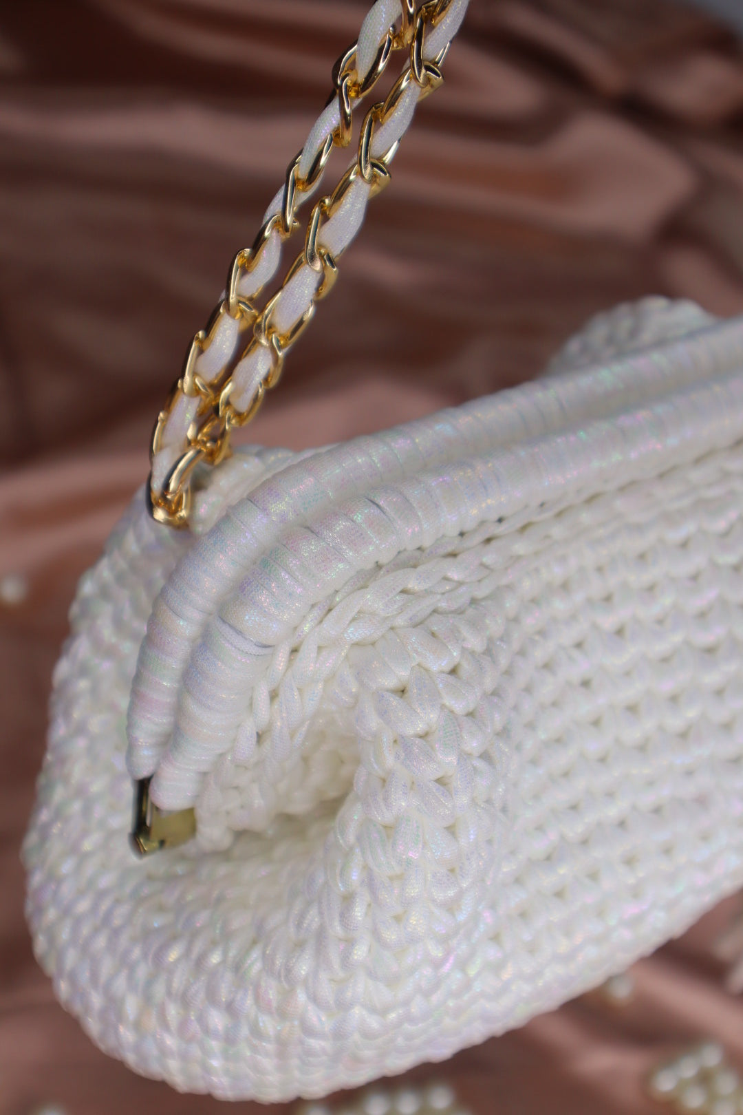 Shimmery White Crochet Clutch with Sling and Tassel