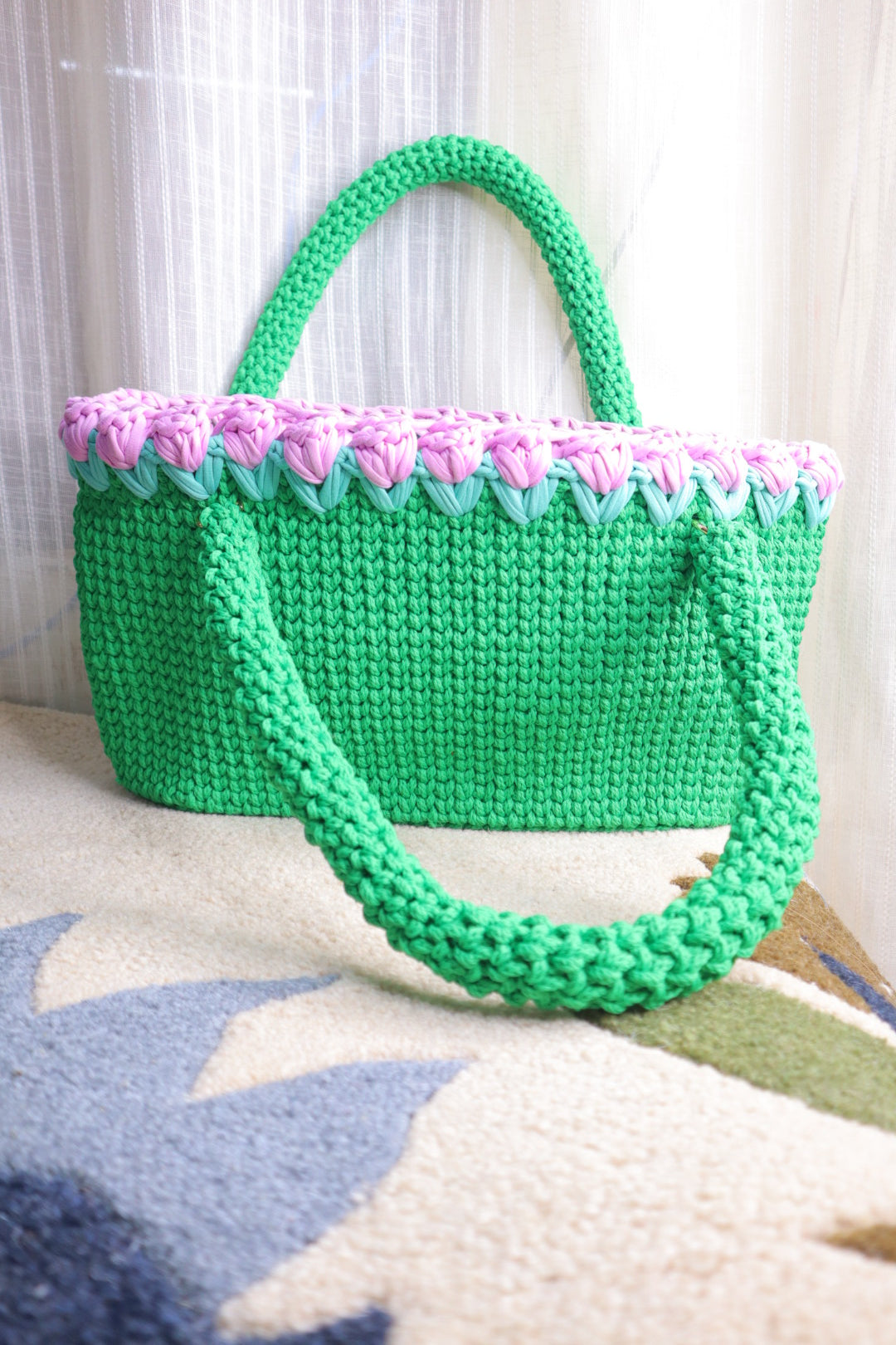 Green Crotchet Tote With Purple Tulips