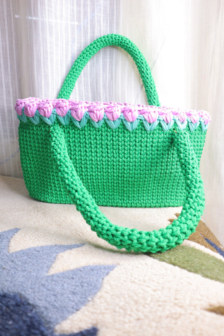 Green Crotchet Tote With Purple Tulips