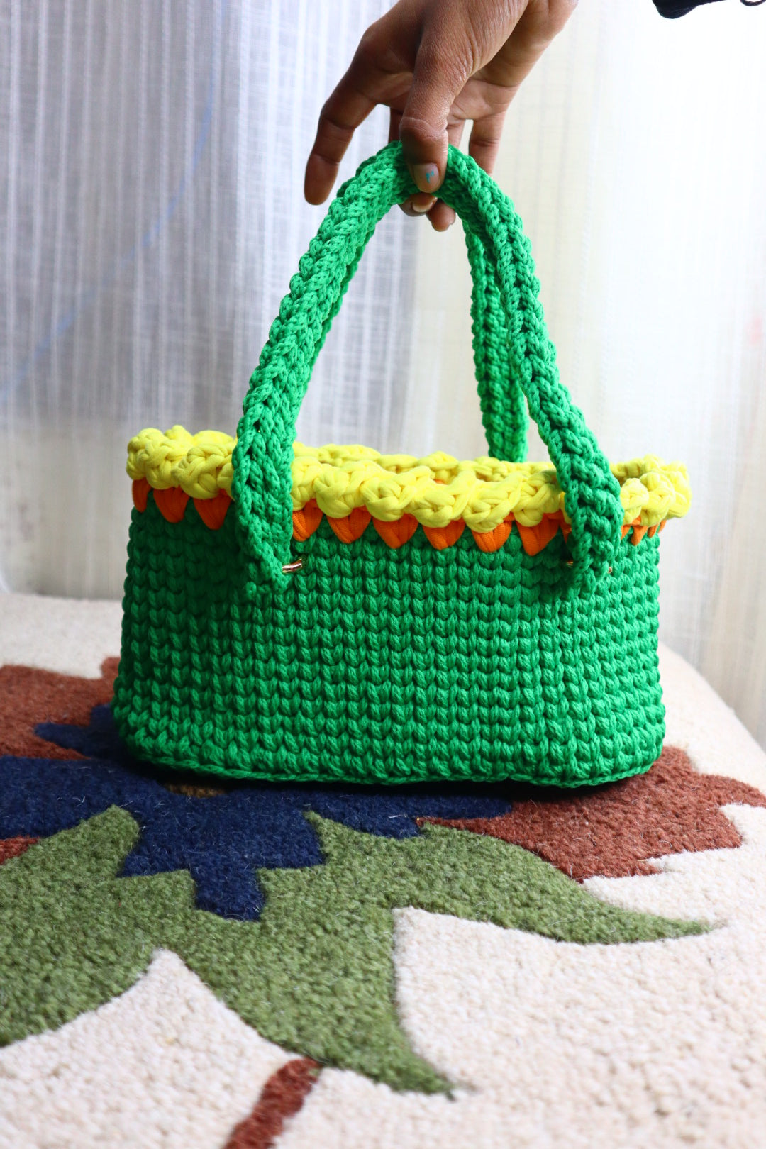 Yellow Tulips on Green Mini Crochet Bag