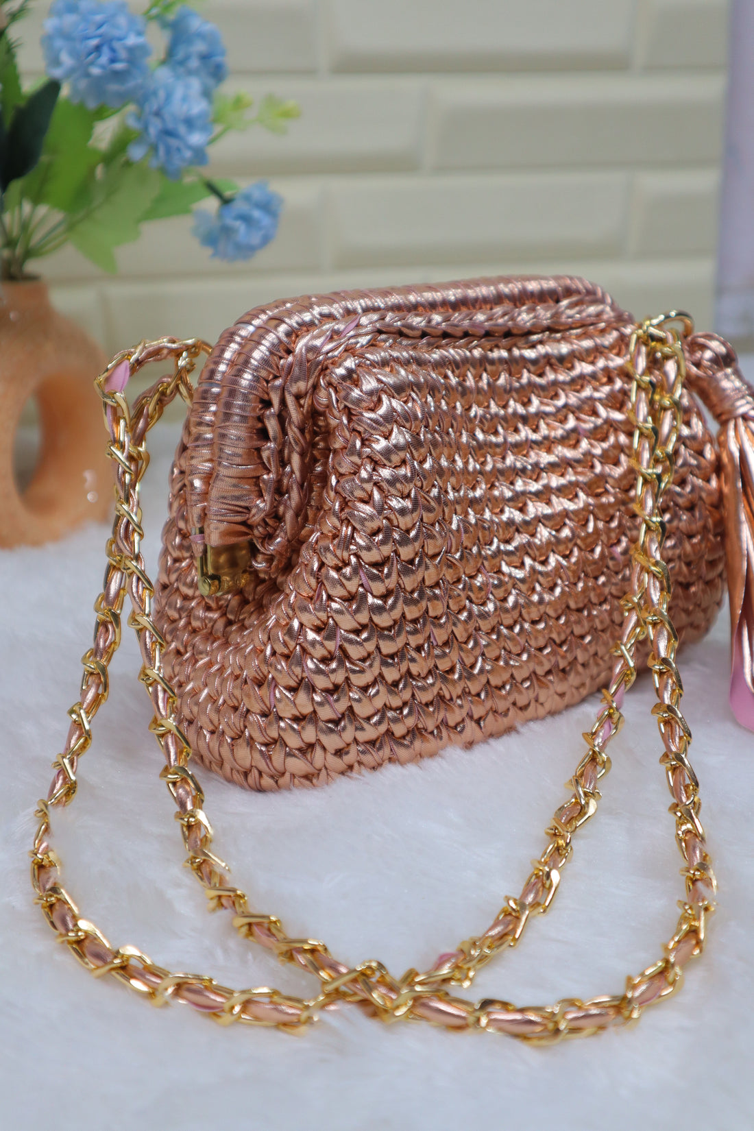 Rose Gold Crochet Clutch with Sling and Tassel