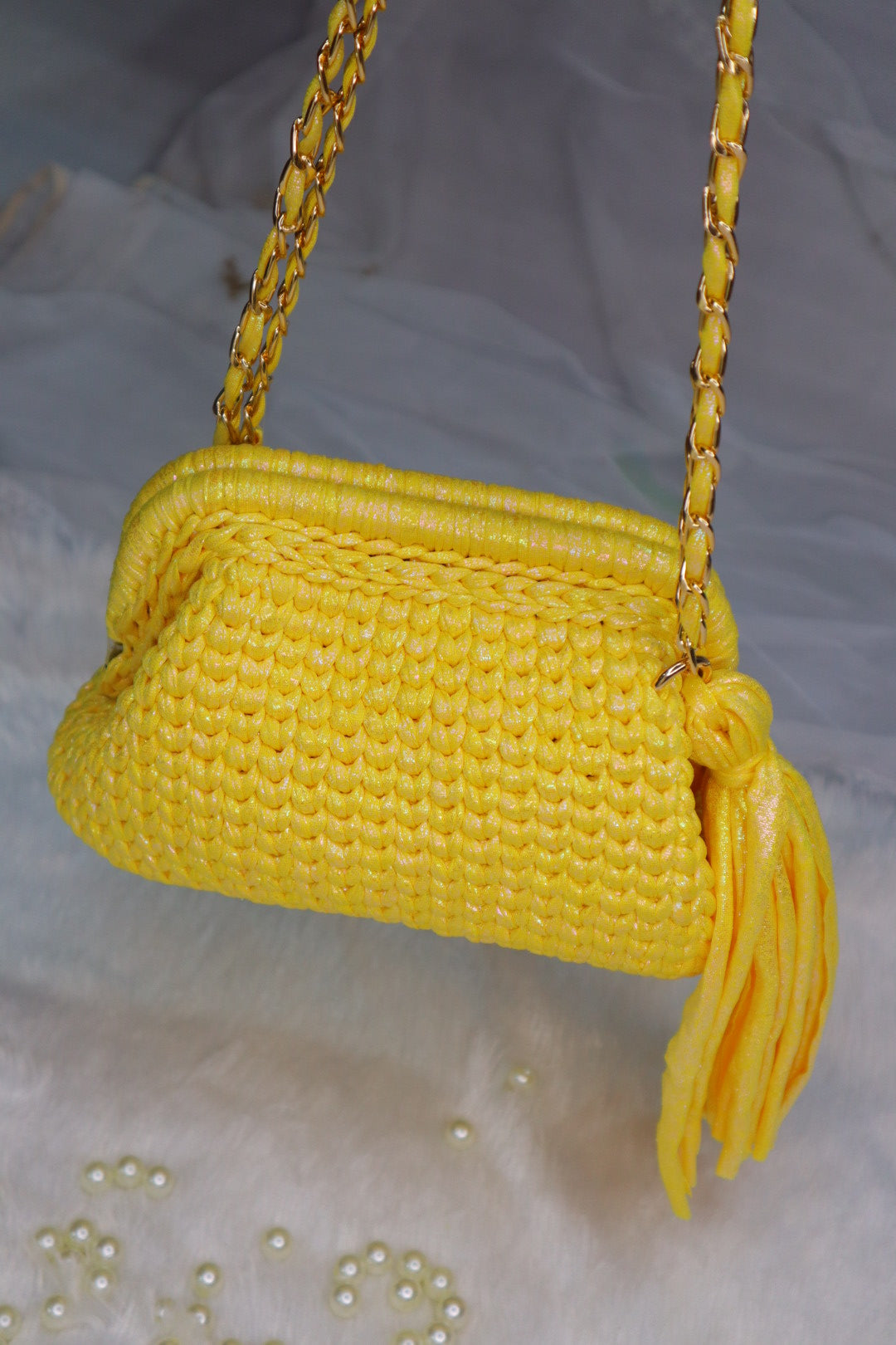Shimmery Yellow Crochet Clutch with Sling and Tassel