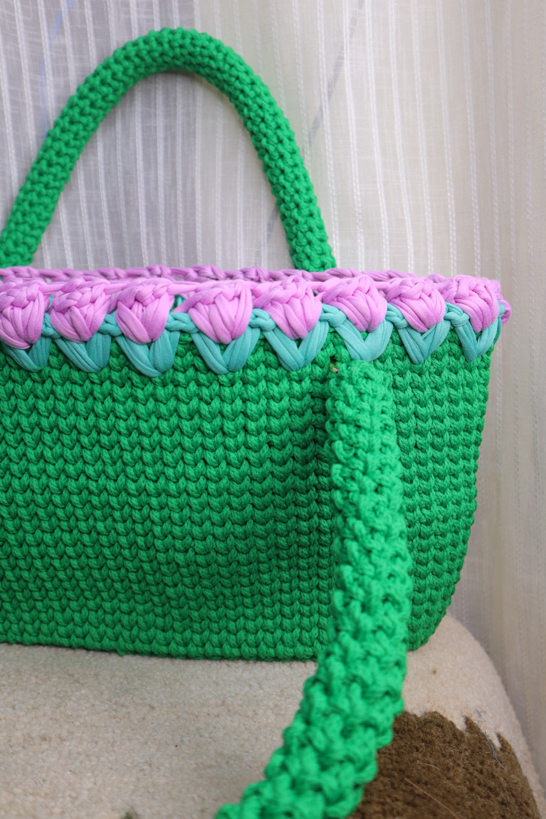 Green Crotchet Tote With Purple Tulips