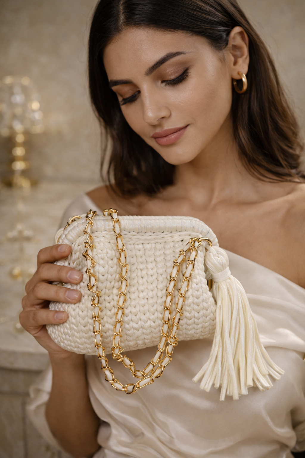 Shimmery White Crochet Clutch with Sling and Tassel