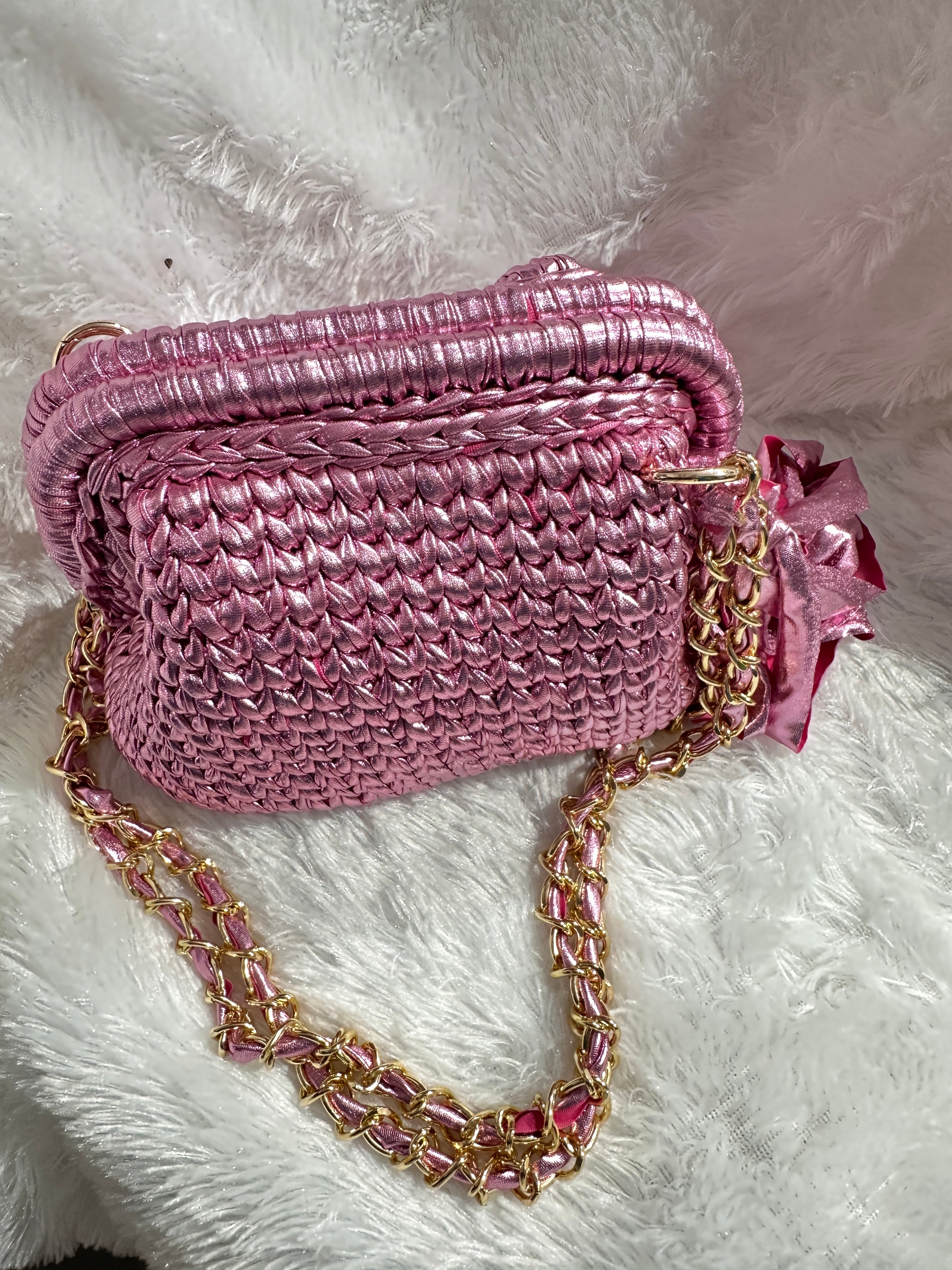 Pink Petal Metallic Crochet Clutch with Sling and Tassel