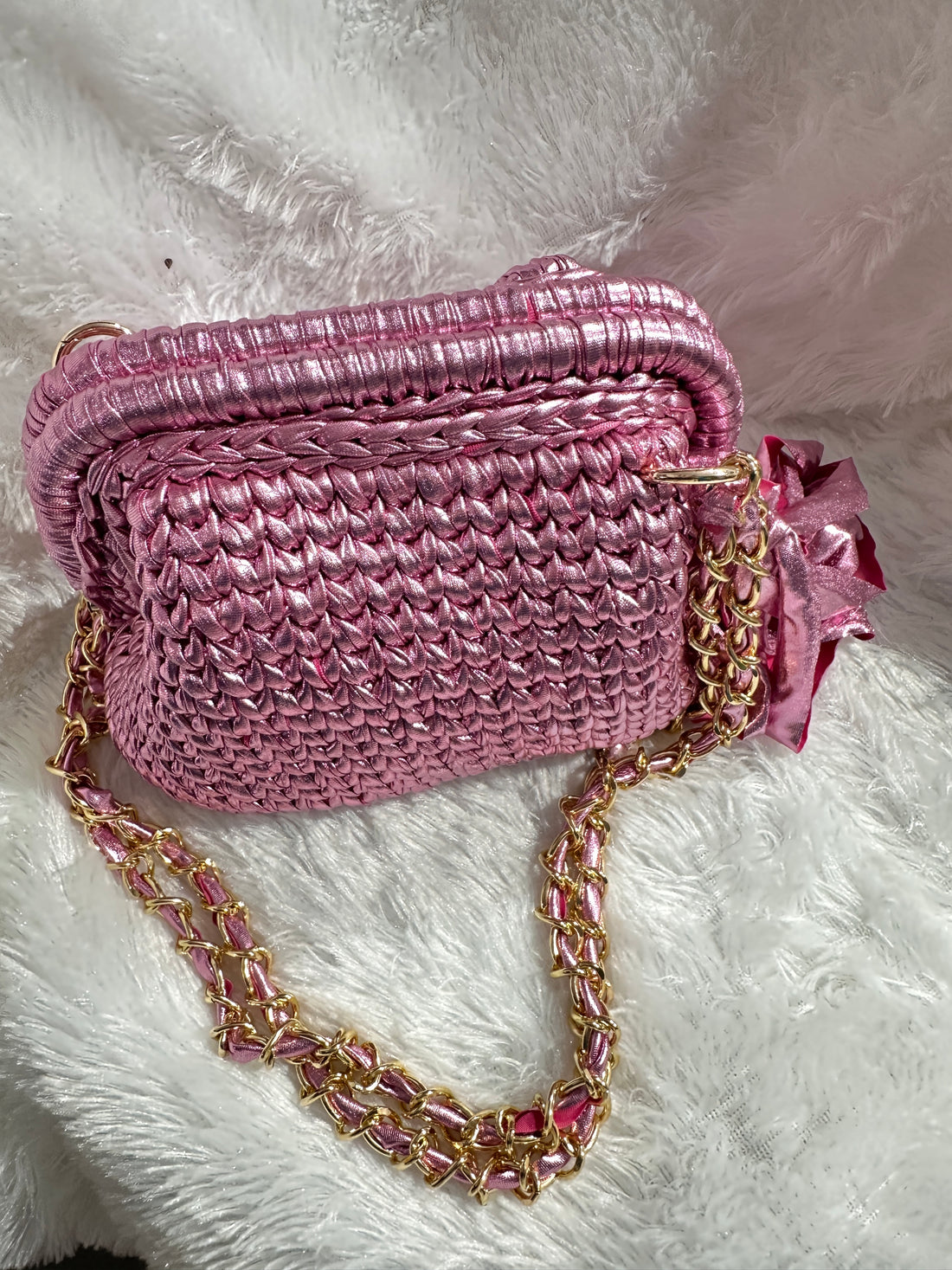 Pink Petal Metallic Crochet Clutch with Sling and Tassel