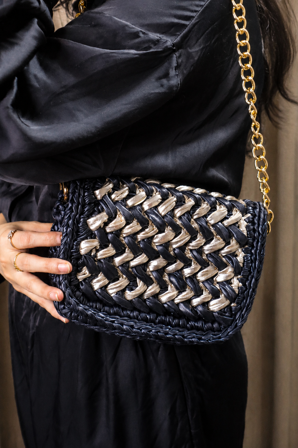 Waffle Black and Champagne Gold Bag