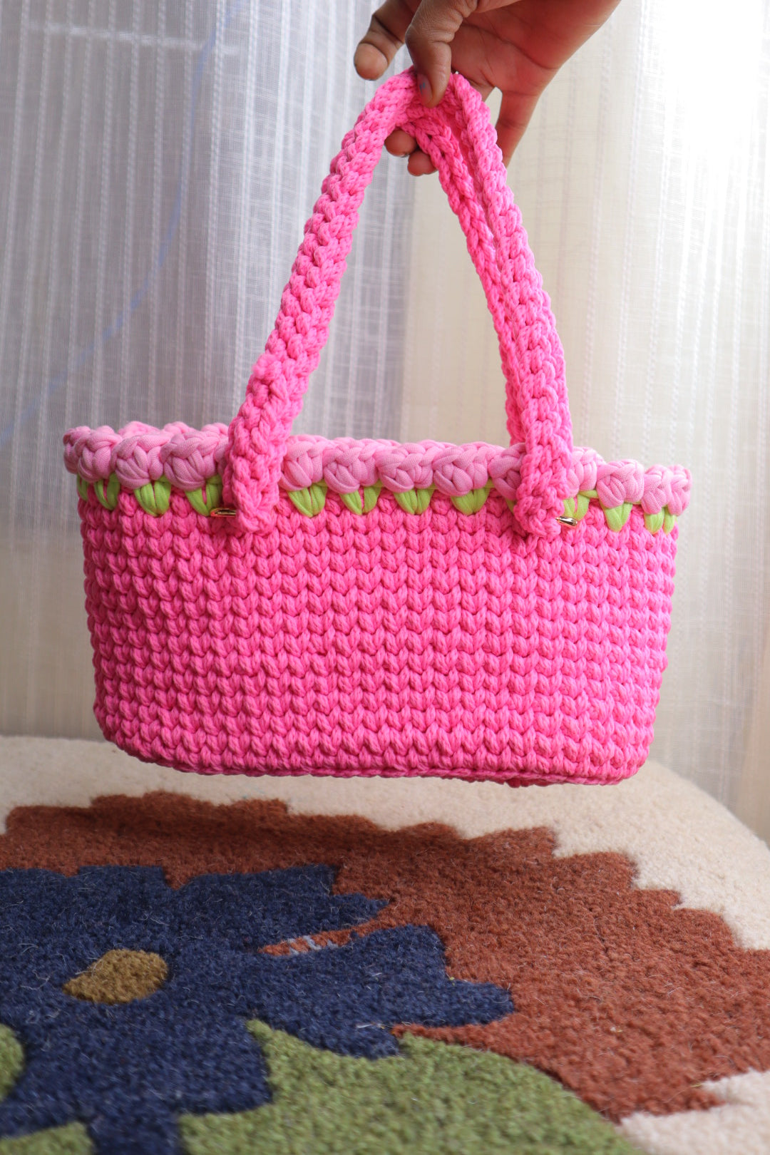 White Tulips on Pink Mini Crochet Bag