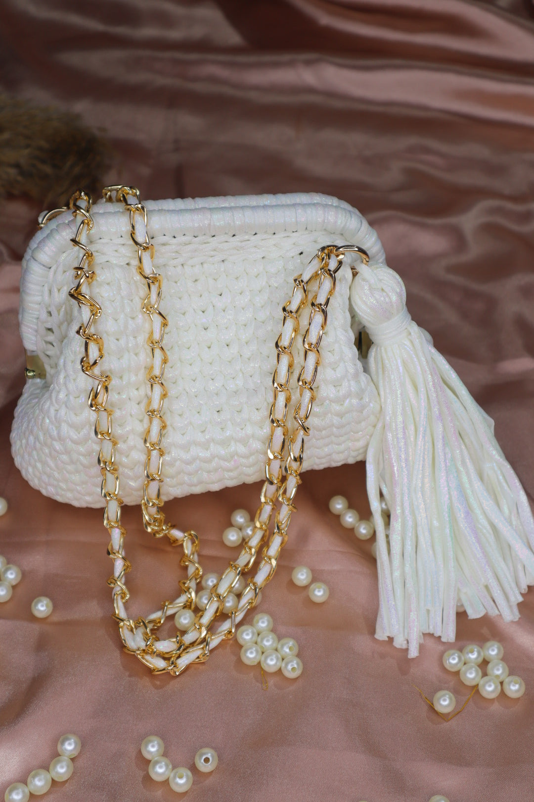 Shimmery White Crochet Clutch with Sling and Tassel