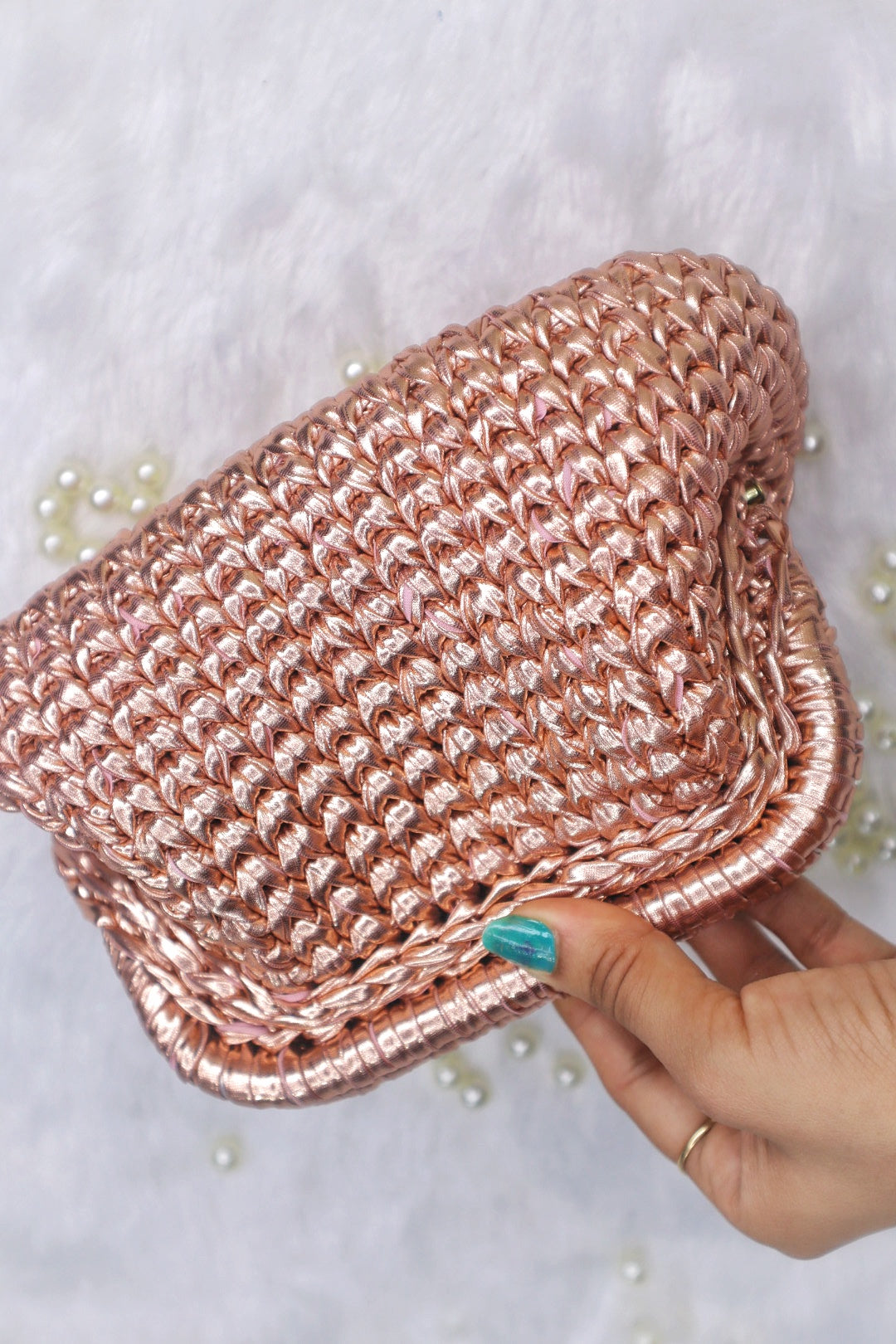 Rose Gold Crochet Clutch with Sling and Tassel