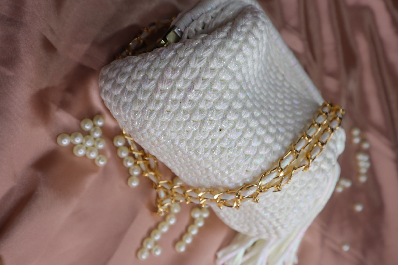 Shimmery White Crochet Clutch with Sling and Tassel