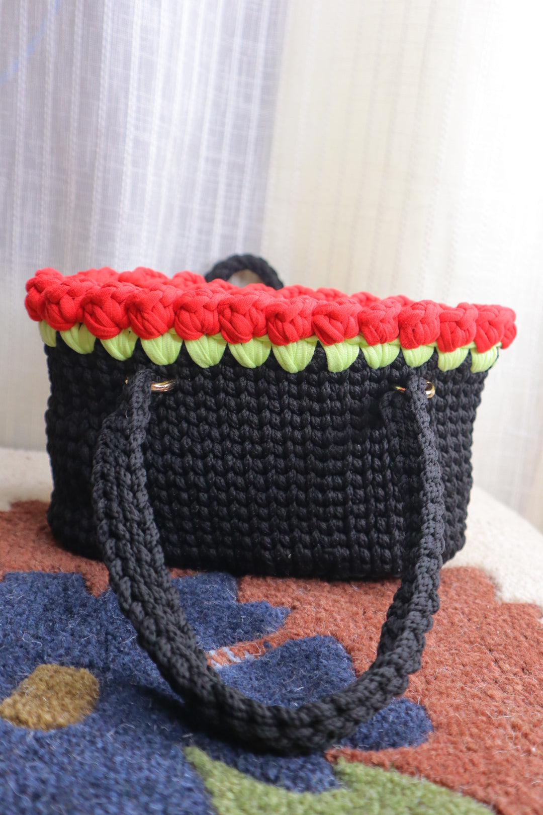 Red Tulips on Black Mini Crochet Bag