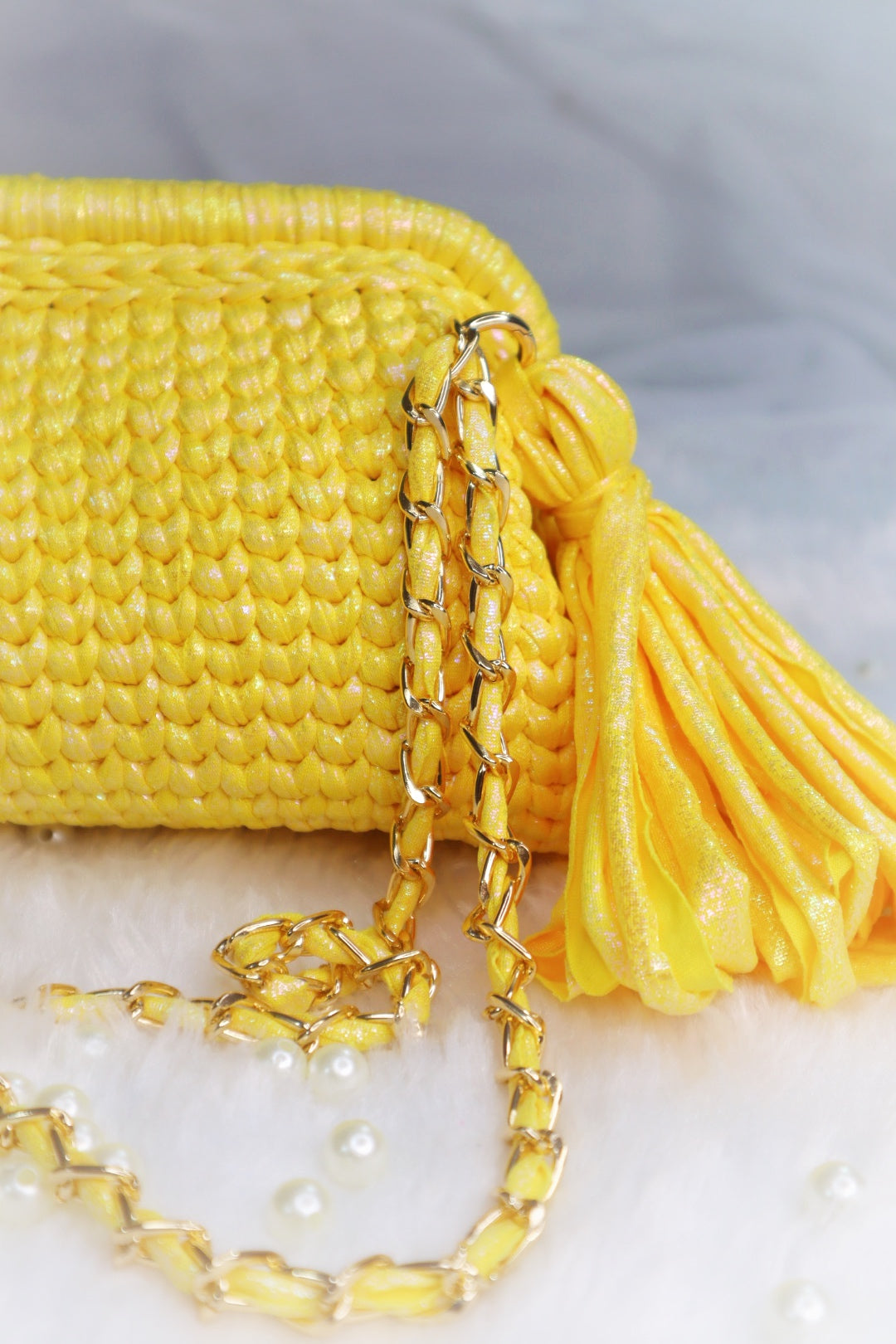 Shimmery Yellow Crochet Clutch with Sling and Tassel