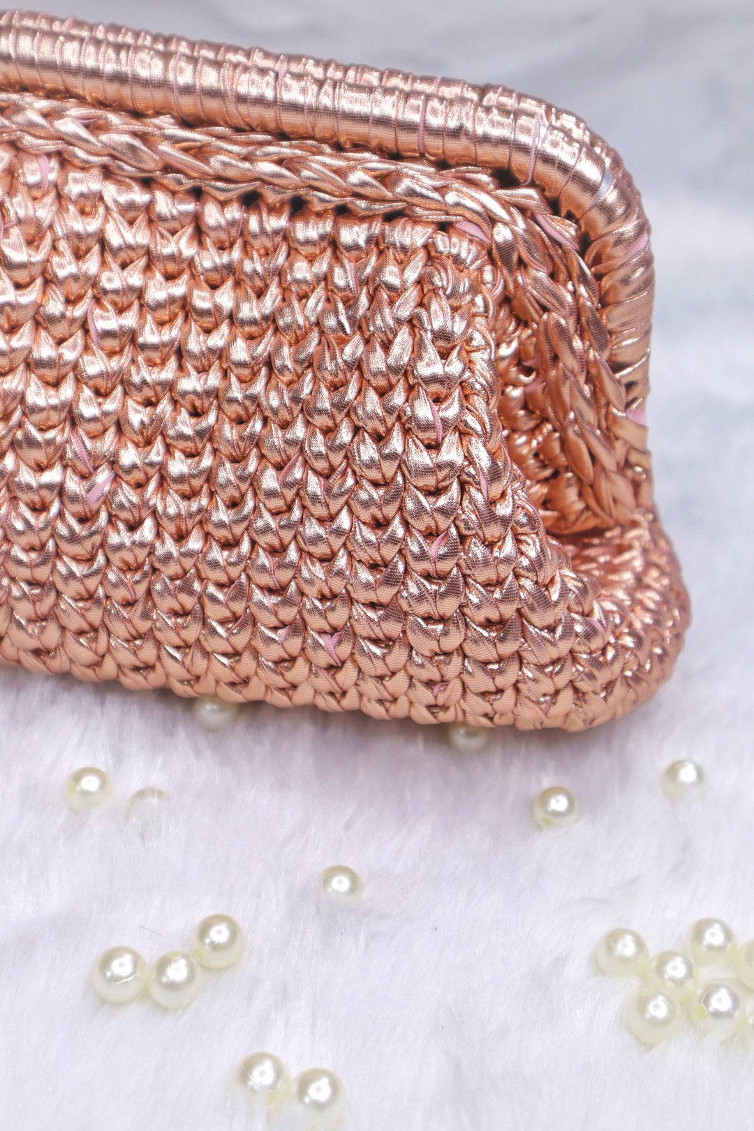 Rose Gold Crochet Clutch with Sling and Tassel
