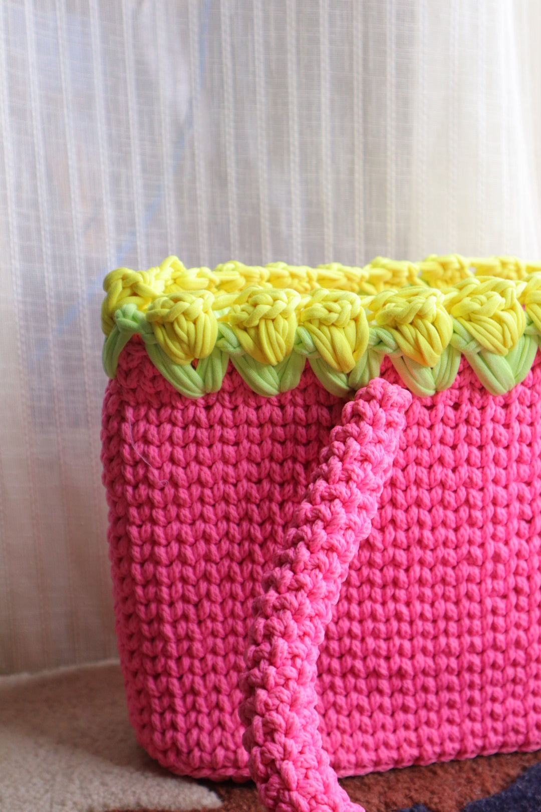 Pink Crochet Tote With Yellow Tulips
