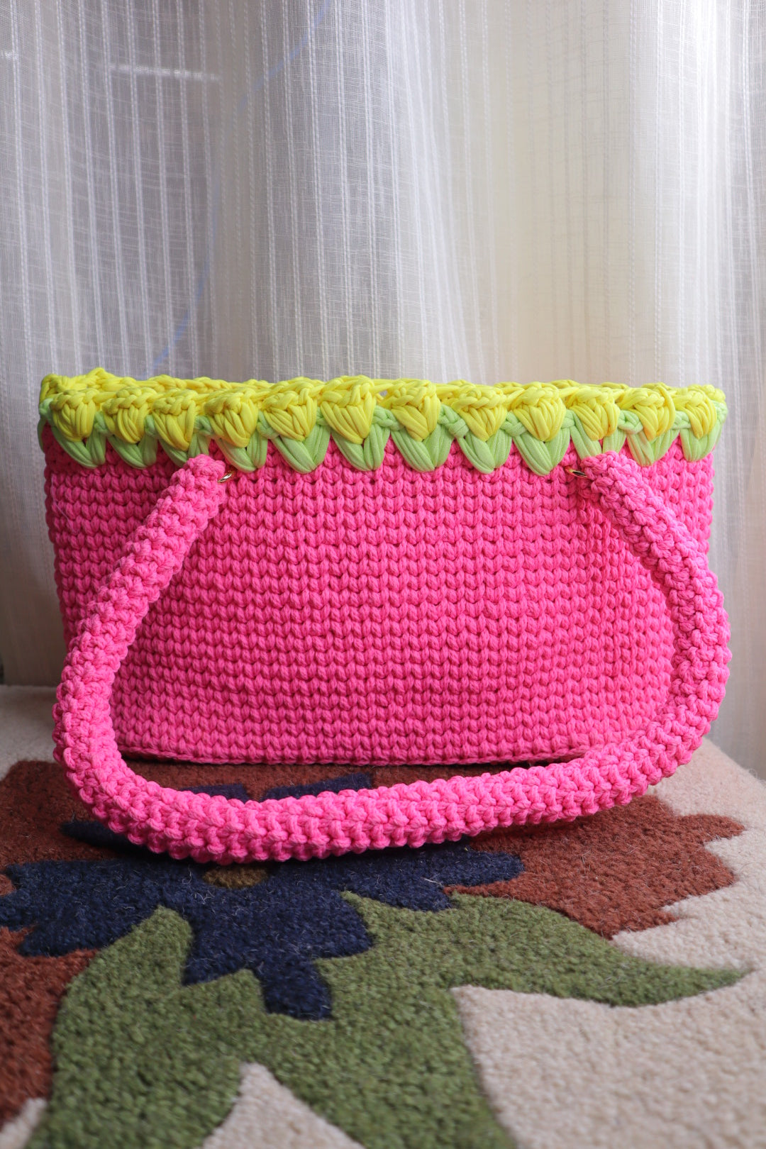 Pink Crochet Tote With Yellow Tulips