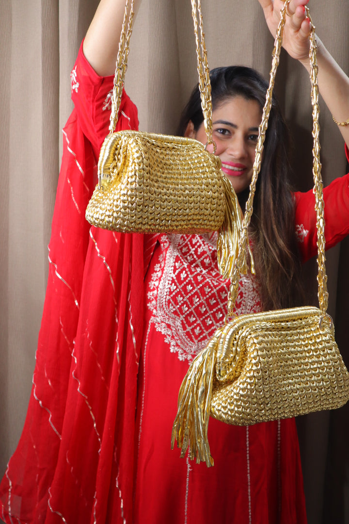 Golden Luxe Metallic Crochet Clutch with Sling and Tassel