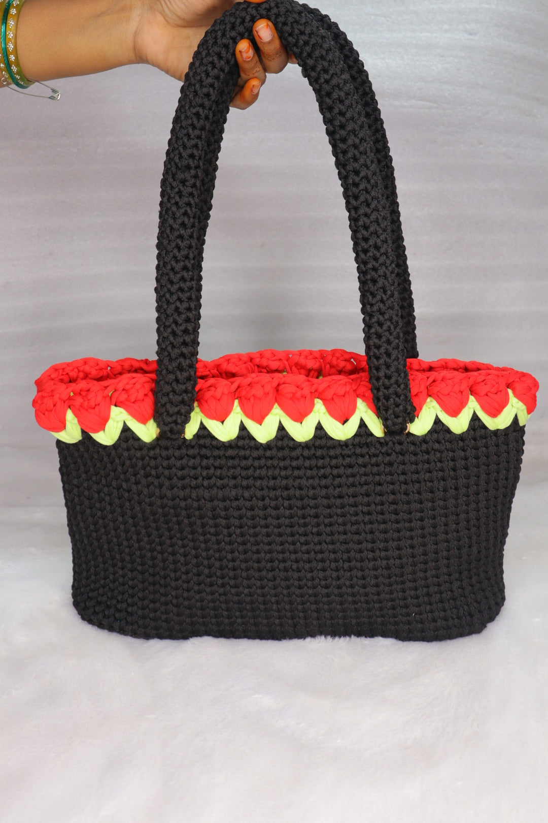 Black Crochet Tote With Red Tulips