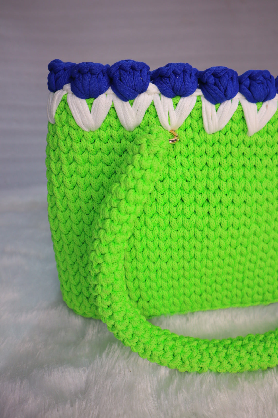 Lemon Crochet Tote With Blue Tulips