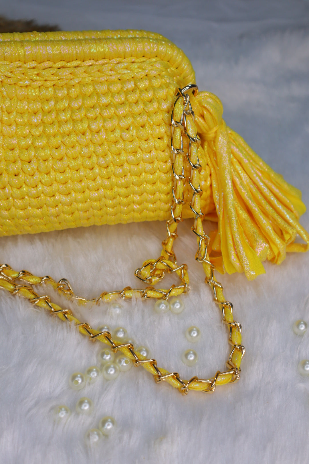 Shimmery Yellow Crochet Clutch with Sling and Tassel