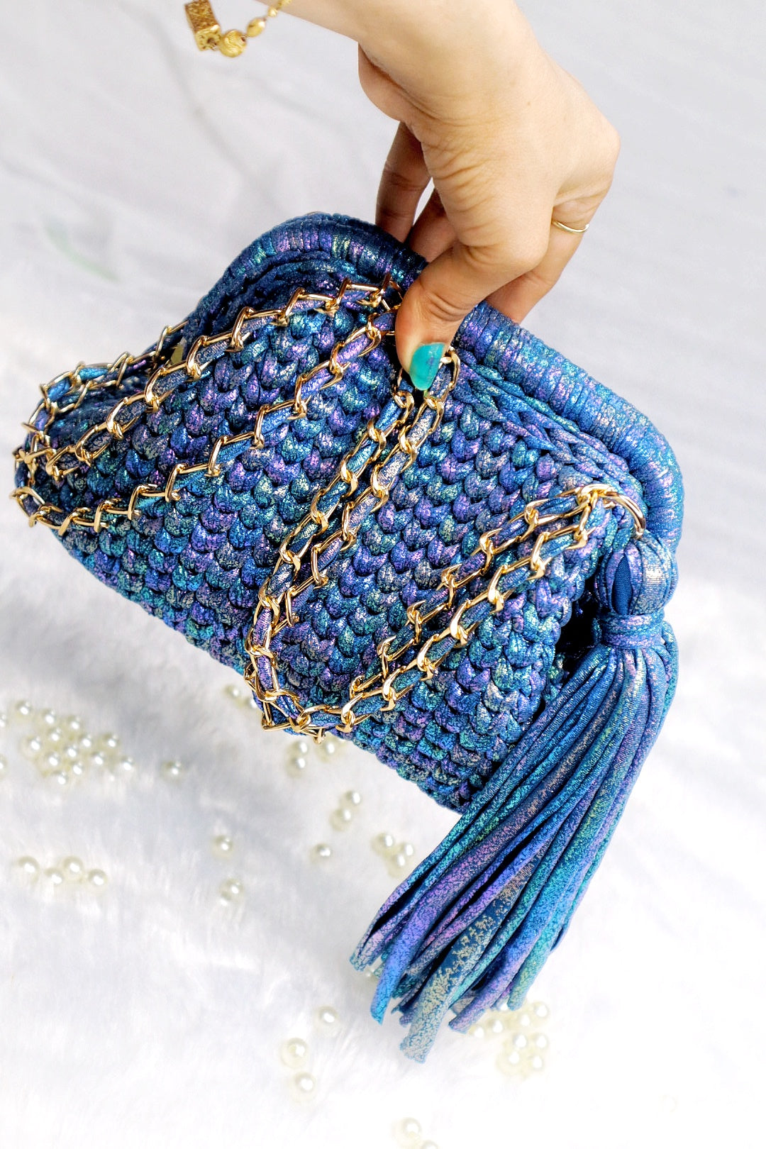 Shimmery Blue Crochet Clutch with Sling and Tassel