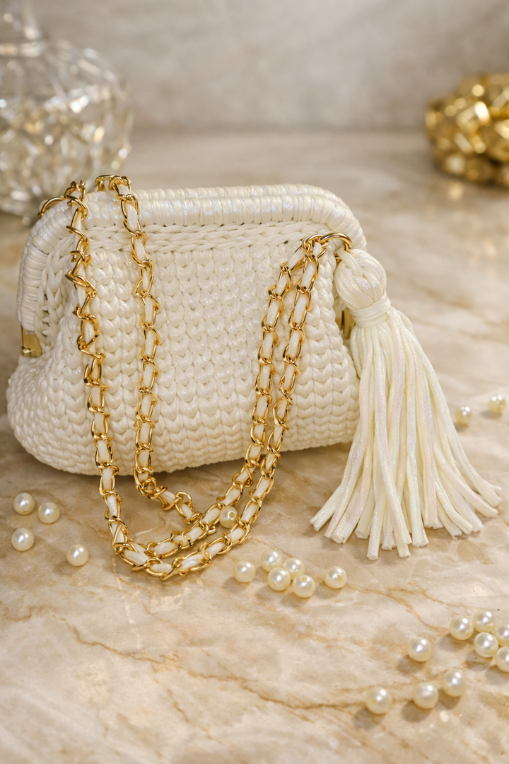 Shimmery White Crochet Clutch with Sling and Tassel