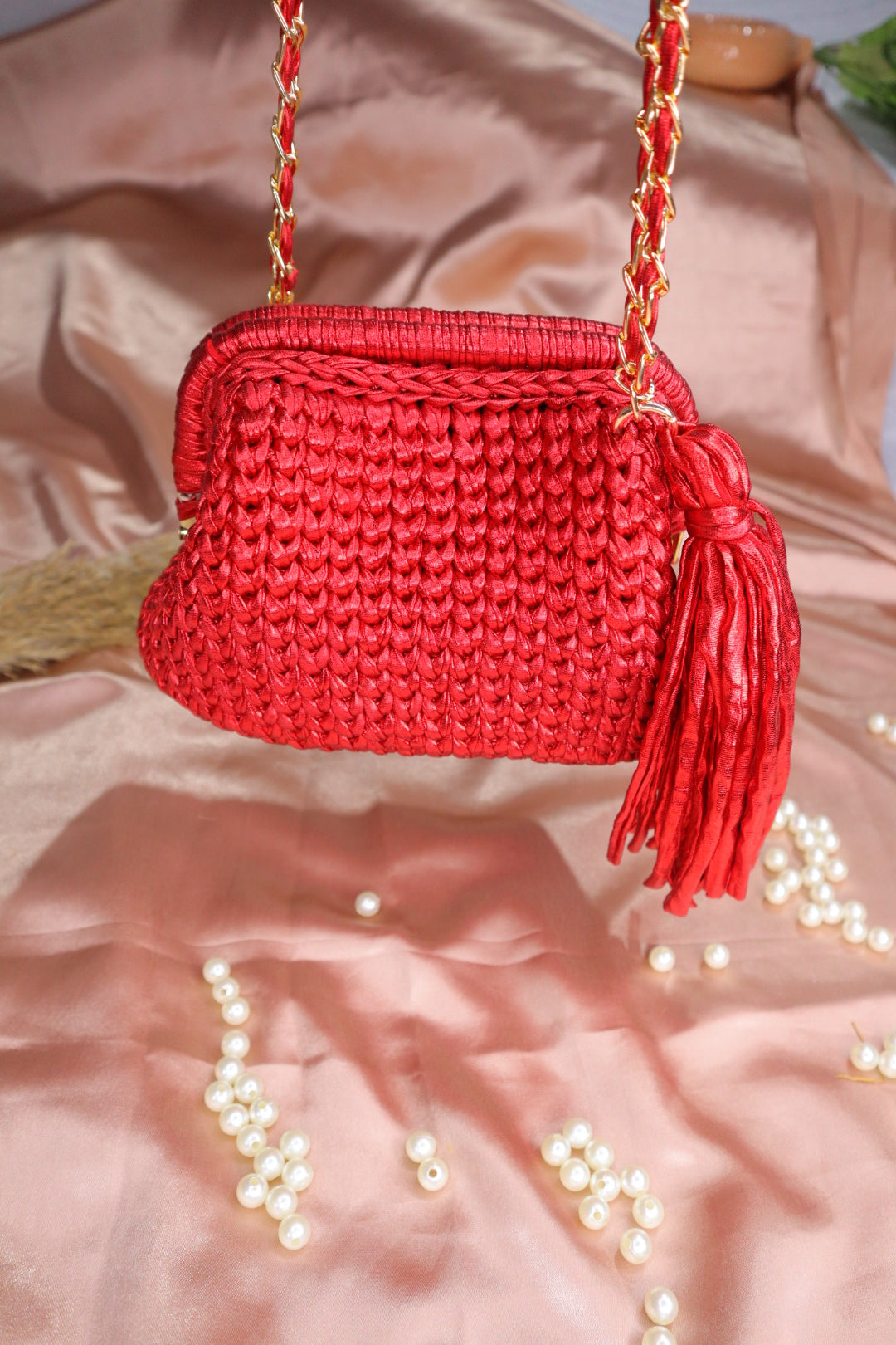 Metallic Red Crochet Clutch with Sling and Tassel