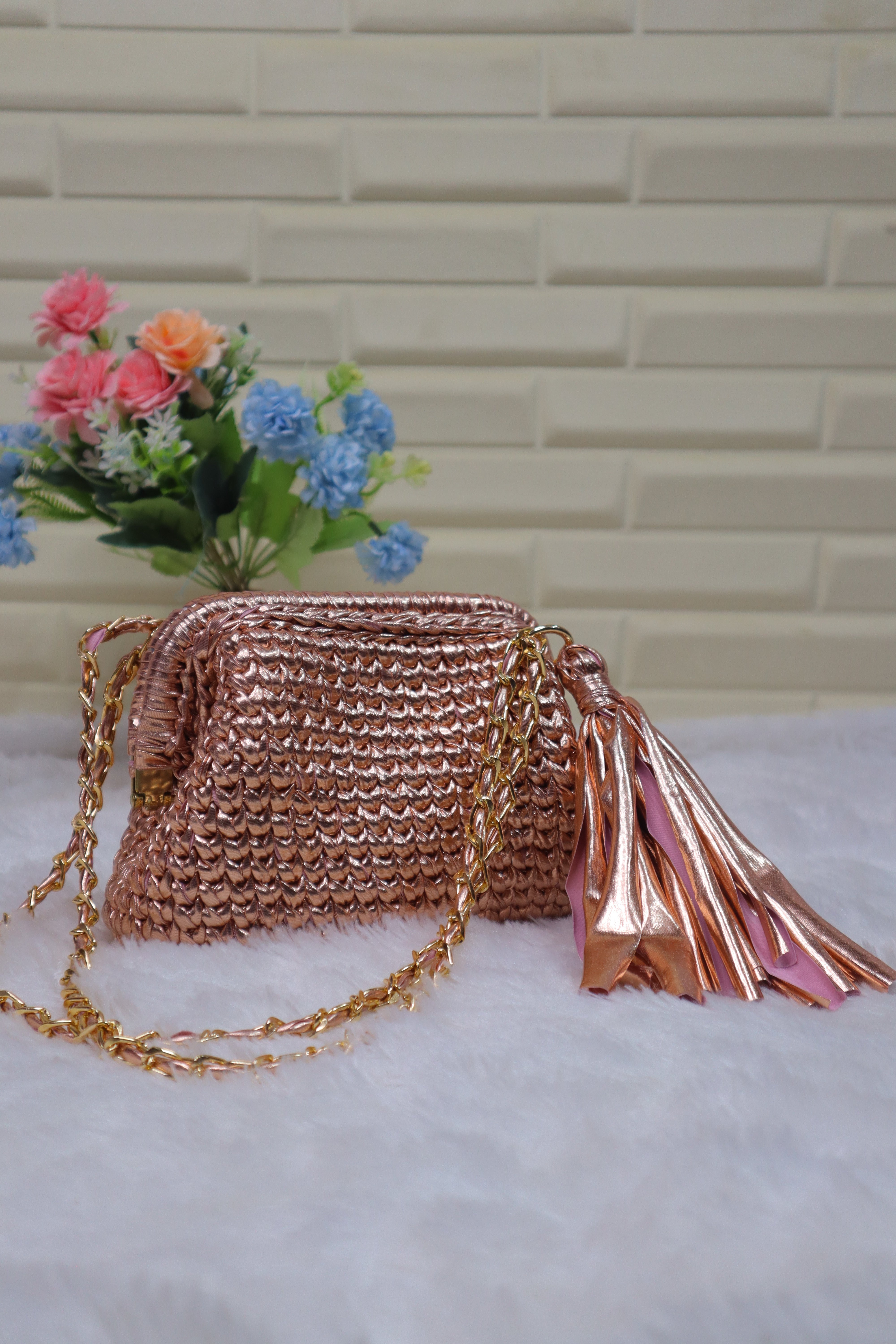 Rose Gold Crochet Clutch with Sling and Tassel