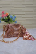 Rose Gold Crochet Clutch with Sling and Tassel